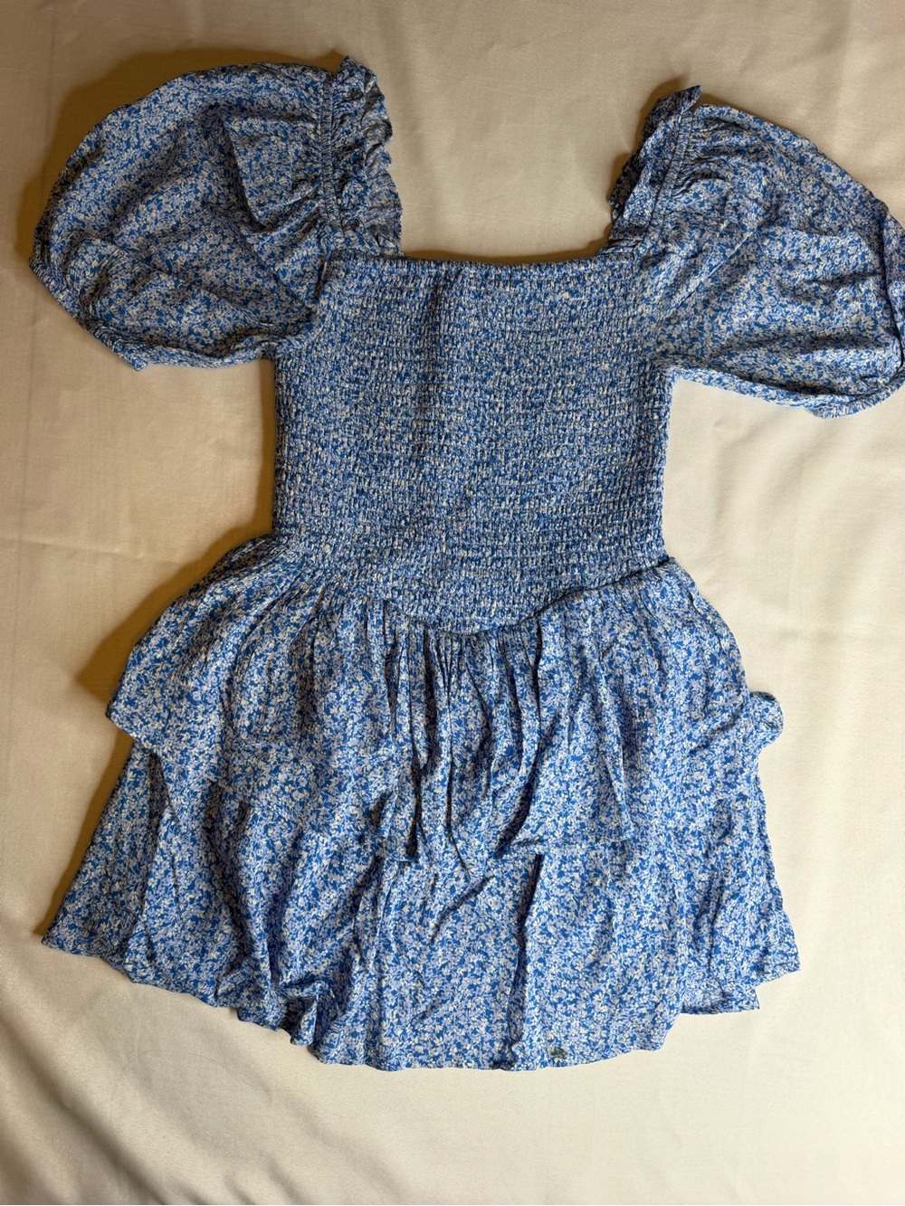 Japna Blue Floral Smocked Puff-Sleeve Mini Dress. Size XS.